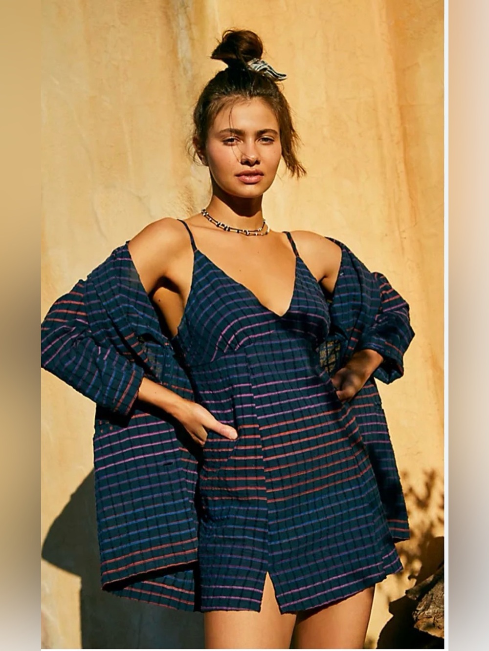 Free People Plaid Textured Cami Mini Dress V-Neck Strappy Boho Slit Coquette M - Picture 1 of 6